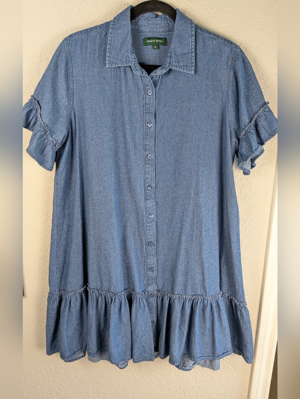 Meadow Rhodes Chambray Denim Shirtdress XL Short Ruffle Sleeves 100% Cotton Boho